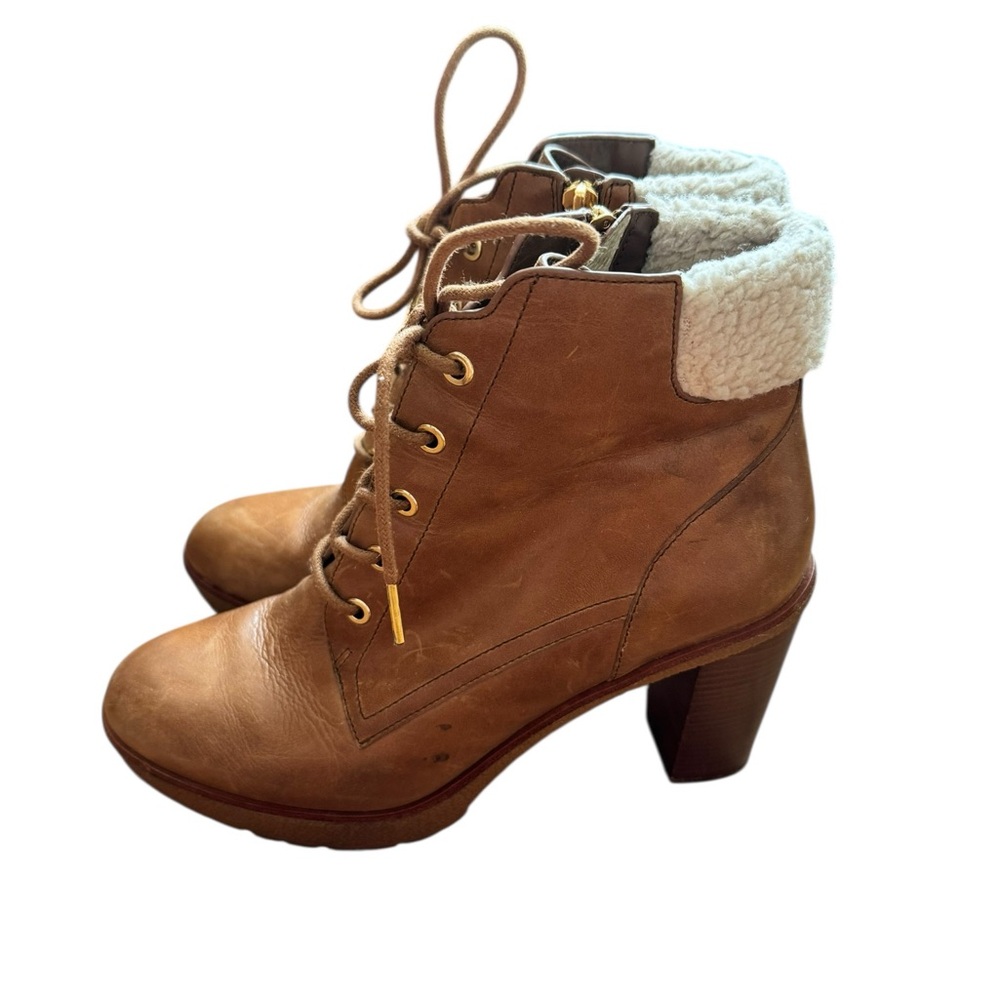 MICHAEL Michael Kors Tan Leather Lace-Up Block Heel Ankle Boots - Picture 4 of 12